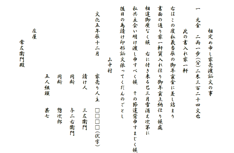 

　　　　　相定め申し家売渡証文の事
　一　元金　二両一歩(分)二朱三百二十四文也
　　　　　此の書入れ家一軒
　右はこの度私義当辰の御年貢金に差し詰まり
　書面の通り家一軒質入れ仕り御年貢上納仕り候處
　相違御座なく候　右に付き来る巳三月雪消え次第に
　私共立会い明け渡し申すべく候　その節違背申すまじく候
　後日の為請け印形証文依ってくだんのごとし
　　　　　　　　　　山中村
　　文化五年辰十二月　　　家売り人主　□□□□(伏字)
　　　　　　　　　　　　　請け人　　　三左衛門
　　　　　　　　　　　　　同断　　　　与二右衛門
　　　　　　　　　　　　　同断　　　　惣次郎
　　　　　　　　　　　　　五人組頭　　甚七
　　　　　庄屋
　　　　　　　常左衛門殿　
