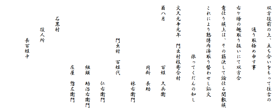 　双方役前の上、立ち合いをもって往古の
　　　　　通り取極め申す事
　右ケ條の趣取り扱いにて双方合
　意仕り候上は、その筋決して論仕る間敷候
　これにより熟得内済取り替わせし証文
　　　　　　　　　　依ってくだんの如し
　文久元辛元年　門出村枝寄合村
　酉八月　　　　　　　　百姓　久兵衛
　　　　　　　　　　　　同断　長助
　　　　　　　　　　　　　　　林右衛門
　　　　　　　門出村　百姓代
　　　　　　　　　　　　　　　仁右衛門
　　　　　　　　　　　　組頭　助治右衛門
　　　　　　　　　　　　庄屋　惣左衛門
　　　石黒村　
　　　　　役人所
　　　　　　　長百姓中　
