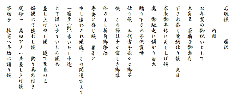 
　石塚様　　　藍沢
　　　　　内用
　お年賀の御祝いとして
　大角豆　茶扇子御恵存
　下され忝く受納仕り候　先日
　家来御年始に差し上げ候
　處　御馳走に預かり白兎
　贈り下され子供賞味
　仕り候　三代吉子長々と御不
　快　この節は少々宜しき御容
　体のよし折角御療治
　専要と存じ候　菓子と
　申し遣わされ候處、この間遠方より
　一箱至(到)来いたし中途
　にて湿い少々いたみ候共
　差し上げ申し候　遂て至来の上
　好便にて遣わし候　釣り具糸付き
　庭砂一　高田アメ一共差し上げ候
　啓助子　拙宅へ年始に詣り候