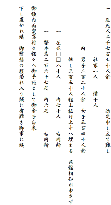 　一　圧死人二千七百七十人余　　　　　治定申し立て難し
　　　　　　　　　　社家一人　　僧十人
　　　　　　　　内　男子二百二十人余　女子五百四十人余
　　　　　　　　　　但し三百五十人程山抜け土中へ埋まる　死骸相知れ申さず
　　　　　一　圧死□□八十人　　　内七十人　　右同断　　
　　　　　一　斃牛馬二百六十七疋　内六疋　　　右同断
　御領内両変異村々銘々へ御手宛として御金子白米
　下し置かれ候　御慈悲の程恐れ入り誠に有難き御事に候
