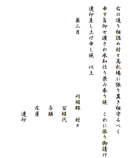 　
　右の通り相認め村々高札場に張り置き相守るべく
　申す旨仰せ渡され承知仕り畏み奉り候　これに依り御請け
　連印差し上げ申し候　以上
　　　酉二月　　　　　　　　　　刈羽郡　村々
　　　　　　　　　　　　　　　　　　百姓代
　　　　　　　　　　　　　　　　　　与頭
　　　　　　　　　　　　　　　　　　庄屋
　　　　　　　　　　　　　　　　　　　連印
