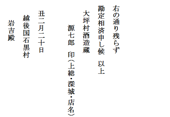 



　右の通り残らず
　勘定相済申し候　以上
　　大坪村酒造蔵
　　　　　源七郎　印（上総・深城・店名）

　　丑二月二十日
　　　越後国石黒村
　　　　岩吉殿