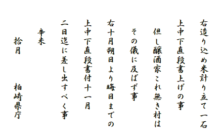 　　右造り込め米計り立て一石
　　上中下直段書上げの事
　　　但し醸酒家これ無き村は
　　　その儀に及ばず事
　　右十月朔日より晦日までの
　　上中下直段書付十一月
　　二日迄に差し出すべく事
　　　辛未
　　　　拾月　　　柏崎県庁