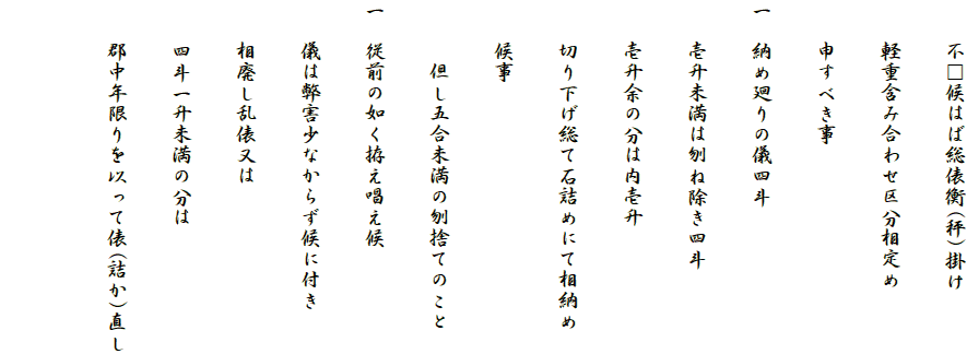 　　不□候はば総俵衡(秤)掛け
　　軽重含み合わせ区分相定め
　　申すべき事
一　納め廻りの儀四斗
　　壱升未満は刎ね除き四斗
　　壱升余の分は内壱升
　　切り下げ総て石詰めにて相納め
　　候事
　　　但し五合未満の刎捨てのこと
一　従前の如く拵え唱え候
　　儀は弊害少なからず候に付き
　　相廃し乱俵又は
　　四斗一升未満の分は
　　郡中年限りを以って俵(詰か)直し
