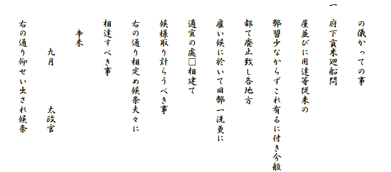 
　　の儀かっての事
一　府下貢米廻船問
　　屋並びに用達等従来の
　　弊習少なからずこれ有るに付き今般
　　都て廃止致し各地方
　　雇い候に於いて旧弊一洗更に
　　適宜の處□相建て
　　候様取り計らうべき事
　　右の通り相定め候条夫々に
　　相達すべき事
　　　辛未
　　　　　九月　　　　太政官
　　右の通り仰せい出され候条