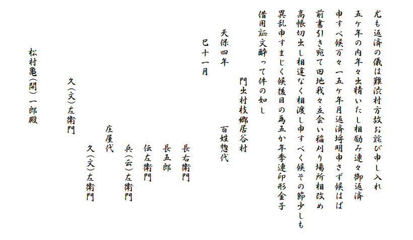 

　尤も返済の儀は難渋村方故お詫び申し入れ
　五ケ年の内年々出精いたし相励み連々御返済
　申すべ候万々一五ケ年月返済埒明申さず候はぱ
　前書引き宛て田地我々立会い稲刈り場所相改め
　高帳切出し相違なく相渡し申すべく候その節少しも
　異乱申すまじく候後日の為五か年季連印形金子
　借用証文酔って件の如し
　　　　　　　　門出村枝郷居谷村
　　　天保四年　　　　　　百姓惣代
　　　　巳十一月　　　
　　　　　　　　　　　　　　　長右衛門
　　　　　　　　　　　　　　　長五郎
　　　　　　　　　　　　　　　伝左衛門
　　　　　　　　　　　　　　　兵(云)左衛門
　　　　　　　　　　　　　庄屋代
　　　　　　　　　　　　　　　久(文)左衛門　　　　　　　　　　　　久(文)左衛門

　　　　　松村亀(開)一郎殿
