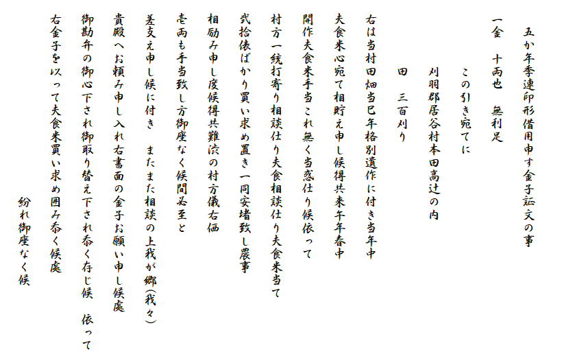 
　　五か年季連印形借用申す金子証文の事
　一金　十両也　無利足
　　　　　この引き宛てに
　　　　　刈羽郡居谷村本田高辻の内
　　　　　田　三百刈り
　右は当村田畑当巳年格別遺作に付き当年中
　夫食米心宛て相貯え申し候得共来午年春中
　開作夫食米手当これ無く当惑仕り候依って
　村方一統打寄り相談仕り夫食相談仕り夫食米当て
　弐拾俵ばかり買い求め置き一同安堵致し農事
　相励み申し度候得共難渋の村方儀右価
　壱両も手当致し方御座なく候間必至と
　差支え申し候に付き　またまた相談の上我が郷(我々)
　貴殿へお頼み申し入れ右書面の金子お願い申し候處
　御勘弁の御心下され御取り替え下され忝く存じ候　依って
　右金子を以って夫食米買い求め囲み忝く候處
　　　　　　　　　　　　　　　紛れ御座なく候