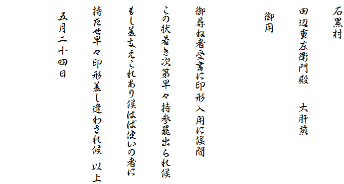 　石黒村
　田辺重左衛門殿　　　大肝煎
　　御用

　御尋ね者受書に印形入用に候間
　この状着き次第早々持参罷出られ候
　もし差支えこれあり候はば使いの者に
　持たせ早々印形差し遣わされ候　以上
　　五月二十四日
