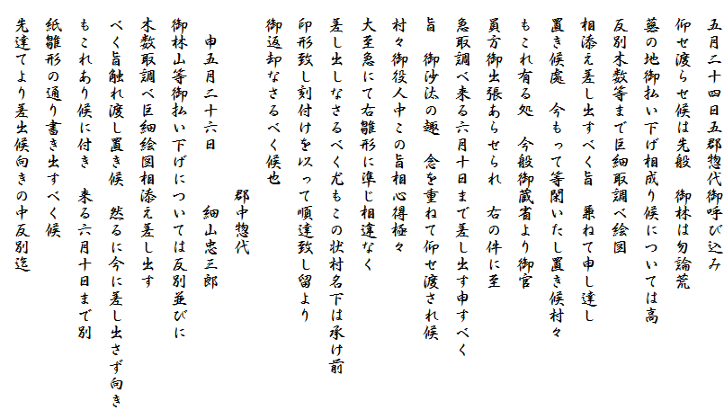 　五月二十四日五郡惣代御呼び込み
　仰せ渡らせ候は先般　御林は勿論荒
　蕪の地御払い下げ相成り候については高
　反別木数等まで巨細取調べ絵図
　相添え差し出すべく旨　兼ねて申し達し
　置き候處　今もって等閑いたし置き候村々
　もこれ有る処　今般御蔵省より御官
　員方御出張あらせられ　右の件に至
　急取調べ来る六月十日まで差し出す申すべく
　旨　御沙汰の趣　念を重ねて仰せ渡され候
　村々御役人中この旨相心得極々
　大至急にて右雛形に準じ相違なく
　差し出しなさるべく尤もこの状村名下は承け前
　印形致し刻付けを以って順達致し留より
　御返却なさるべく候也
　　　　　　　　　　　郡中惣代
　　申五月二十六日　　　細山忠三郎
　御林山等御払い下げについては反別並びに
　木数取調べ巨細絵図相添え差し出す
　べく旨触れ渡し置き候　然るに今に差し出さず向き
　もこれあり候に付き　来る六月十日まで別
　紙雛形の通り書き出すべく候
　先達てより差出候向きの中反別迄