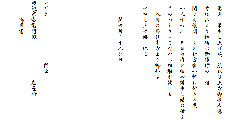 
　
　急ぎ一筆申し上げ候　然れば上方御役人様
　方松山より柏崎に御通行の□相
　聞こえ候間　その村方家一軒に付き人足
　一人ずつ二、三日の内と相心得申し候に付き
　そのつもりにて村中へ相触れ候　も
　し入用の節は是方より御知ら
　せ申し上げ候　以上
　　
　　　閏四月二十八に日





いだに　　　　　　　　門出
田辺宗右衛門殿　　　　　　　庄屋所
　　　御用書
