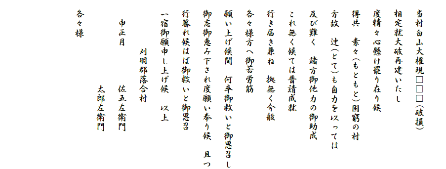 　
　当村白山大権現□□□(破損)
　相定就大破再建いたし
　度精々心懸け罷り在り候
　得共　素々(もともと)困窮の村
　方故　迚(とて)も自力を以っては
　及び難く　諸方御他力の御助成
　これ無く候ては普請成就
　行き届き兼ね　拠無く今般
　各々様方へ御苦労筋
　願い上げ候間　何卒御救いと御思召し
　御志御恵み下され度願い奉り候　且つ
　行暮れ候はば御救いと御思召
　一宿御願申し上げ候　以上
　　　　　刈羽郡落合村
　　申正月　　　　佐五左衛門
　　　　　　　　　太郎左衛門
　各々様


　