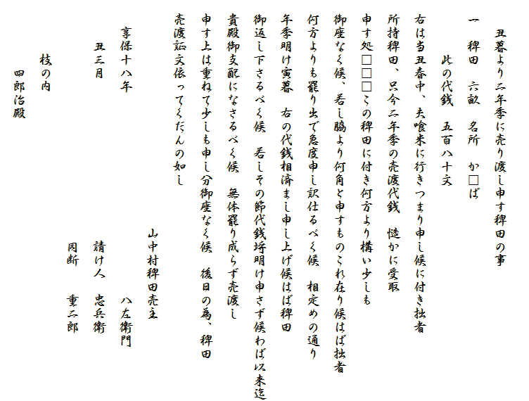 
　　丑暮より二年季に売り渡し申す稗田の事
　一　稗田　六畝　名所　か□ば
　　　　此の代銭　五百八十文
　右は当丑春中、夫喰米に行きつまり申し候に付き拙者
　所持稗田、只今二年季の売渡代銭　慥かに受取
　申す処□□□この稗田に付き何方より構い少しも
　御座なく候、若し脇より何角と申すものこれ在り候はば拙者
　何方よりも罷り出で急度申し訳仕るべく候　相定めの通り
　年季明け寅暮　右の代銭相済まし申し上げ候はば稗田
　御返し下さるべく候　若しその節代銭埒明け申さず候わば以来迄
　貴殿御支配になさるべく候　無体罷り成らず売渡し
　申す上は重ねて少しも申し分御座なく候　後日の為、稗田
　売渡証文依ってくだんの如し
　　　　　　　　　　　　　　　　　山中村稗田売主
　　享保十八年　　　　　　　　　　　　　　　八左衛門
　　　丑三月　　　　　　　　　　　　請け人　忠兵衛
　　　　　　　　　　　　　　　　　　同断　　重二郎
　　　　枝の内　
　　　　　四郎治殿