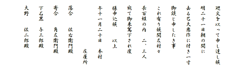 
　
　廻文を以って申し達し候
　明二十一日朝の間に
　去る巳大悪作に付き一寸
　御談じ申したき事
　これ有り候間左村々
　長百姓の内　二、三人
　宛て御来駕下され度
　様申込候　　以上
　午十一月二十日　本村
　　　　　　　　　庄屋所
　落合　　佐右衛門殿
　寄合　　角左衛門殿
　下石黒　与三郎殿
　大野　　佐二郎殿
