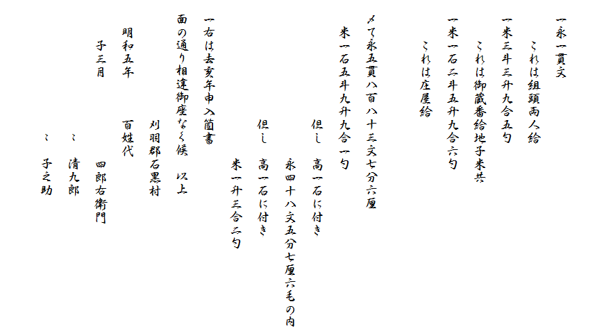 
　一永一貫文
　　　これは組頭両人給
　一米三斗三升九合五勺
　　　これは御蔵番給地子米共
　一米一石二斗五升九合六勺
　　　これは庄屋給

　〆て永五貫八百八十三文七分六厘
　　米一石五斗九升九合一勺
　　　　　　　　　但し　高一石に付き
　　　　　　　　　　　　永四十八文五分七厘六毛の内
　　　　　　　　　但し　高一石に付き
　　　　　　　　　　　　米一升三合二勺
　一右は去亥年申入箇書
　面の通り相違御座なく候　以上
　　　　　　　　　刈羽郡石黒村
　　明和五年　　　百姓代
　　　子三月　　　　　　四郎右衛門
　　　　　　　　　　〃　清九郎
　　　　　　　　　　〃　子之助
　　