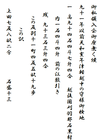 　御私領入会御座無く候
　九十一年以前天和亥年津軽越中の守様御検地
　一　高九十四石四斗七升四合　　越後国刈羽郡石黒村
　　　　内一石四斗四升　前の江敷引き
　　　残　九十三石三升四合
　　　　この反別十一町四反五畝十九歩
　　　　　　　この訳
　　上田七反八畝二分　　　　　　石盛十三　　