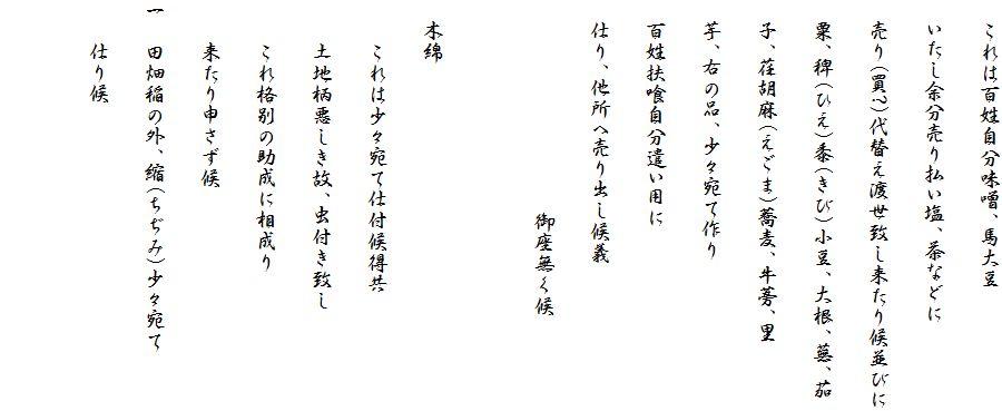 　これは百姓自分味噌、馬大豆
　いたし余分売り払い塩、茶などに
　売り(買?)代替え渡世致し来たり候並びに
　粟、稗(ひえ)黍(きび)小豆、大根、蕪、茄
　子、荏胡麻(えごま)蕎麦、牛蒡、里
　芋、右の品、少々宛て作り
　百姓扶喰自分遣い用に
　仕り、他所へ売り出し候義
　　　　　　　　　　御座無く候

　木綿
　　これは少々宛て仕付候得共
　　土地柄悪しき故、虫付き致し
　　これ格別の助成に相成り
　　来たり申さず候
一　田畑稲の外、縮(ちぢみ)少々宛て
　　仕り候　
