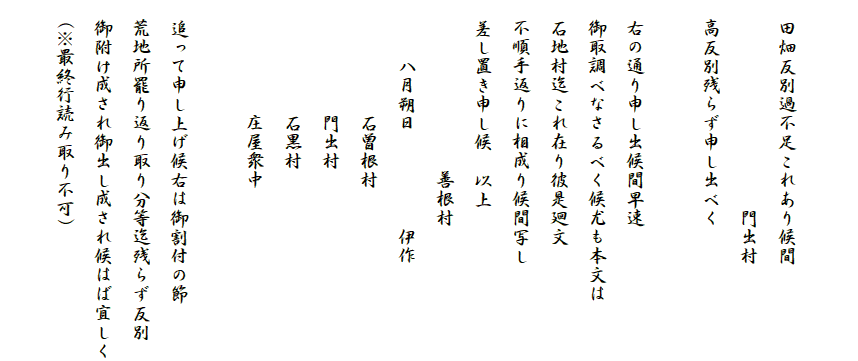 

　田畑反別過不足これあり候間
　　　　　　　　　　　門出村
　高反別残らず申し出べく

　右の通り申し出候間早速
　御取調べなさるべく候尤も本文は
　石地村迄これ在り彼是廻文
　不順手返りに相成り候間写し
　差し置き申し候　以上
　　　　　　　　　善根村
　　　八月朔日　　　　　伊作
　　　　　　石曽根村
　　　　　　門出村
　　　　　　石黒村
　　　　　　庄屋衆中

　追って申し上げ候右は御割付の節
　荒地所罷り返り取り分等迄残らず反別
　御附け成され御出し成され候はば宜しく
　(※最終行読み取り不可)
