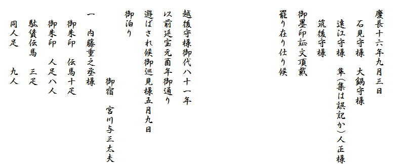 　
　慶長十六年九月三日
　　石見守様　大鍋守様
　　遠江守様　隼(集は誤記か)人正様
　　筑後守様
　御墨印証文頂戴
　罷り在り仕り候




　越後守様御代八十一年
　以前延宝元酉年御通り
　遊ばされ候御巡見様五月九日
　御泊り
　　　　　　　　御宿　宮川与三太夫
　一　内藤重之丞様
　　御朱印　伝馬十疋
　　御朱印　人足八人
　　駄賃伝馬　三疋
　　同人足　　九人