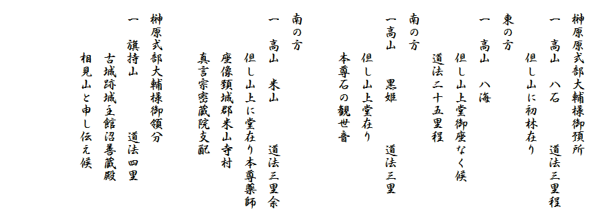 　
　榊原原式部大輔様御預所
　一　高山　八石　　　道法三里程
　　　　但し山に初林在り
　東の方
　一　高山　八海
　　　　但し山上堂御座なく候
　　　　道法二十五里程
　南の方
　一高山　　黒姫　　　道法三里
　　　　但し山上堂在り
　　　　本尊石の観世音

　南の方
　一　高山　米山　　　道法三里余
　　　　但し山上に堂在り本尊薬師
　　　　座像頚城郡米山寺村
　　　　真言宗密蔵院支配
　
　榊原式部大輔様御領分
　一　旗持山　　　　道法四里
　　　　古城跡城主館沼善蔵殿
　　　　相見山と申し伝え候

　

