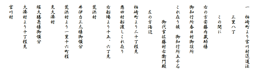 　
　一　柏崎町より宮川村迄道法
　　　三里八丁
　　　この間に
　右の方安藤内蔵助様
　御知行所春日村御役所
　これ在り候　御知行所五千石
　　　　御代官佐藤村右衛門殿
　　左の方海辺
　柏崎町より二十丁程先
　悪田村船渡しこれ在り
　右船場より十五、六丁先
　荒浜村
　井伊力三太様御領分
　荒浜村より一里十六町程
　先大湊村
　堀大膳亮様御領分
　大湊村より十丁程先
　宮川村