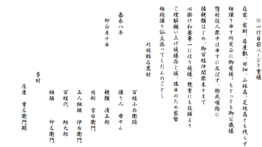 　　　※一行目前ページと重複
　在家、家財、居屋敷、田畑、山林高、芝地高とも残らず
　相譲り申す所実正に御座候。もとっとも御公儀様
　惣村役人衆中は申すに及ばず、物成順路に
　諸親類はじめ、御百姓仲間衆末々まで
　心掛け和要専一に仕り候様、幾重にも役頭より
　ご理解願い上げ候様存じ候、後日のため家督
　相続譲り証文依ってくだんのごとし
　　　　　　　刈羽郡石黒村
　　　　　　　　　　　　　　　百姓小兵衛跡
　　嘉永八年　　　　　　　　　譲り人　母せん
　　　卯正月十日　　　　　　　親類　清五郎
　　　　　　　　　　　　　　　同断　吉右衛門
　　　　　　　　　　　　　　　五人組頭　伊右衛門
　　　　　　　　　　　　　　　百姓代　　助九郎
　　　　　　　　　　　　　　　組頭　　　卯左衛門
　　　　　　　　　　　　当村
　　　　　　　　　　　　　　庄屋　重左衛門殿　
