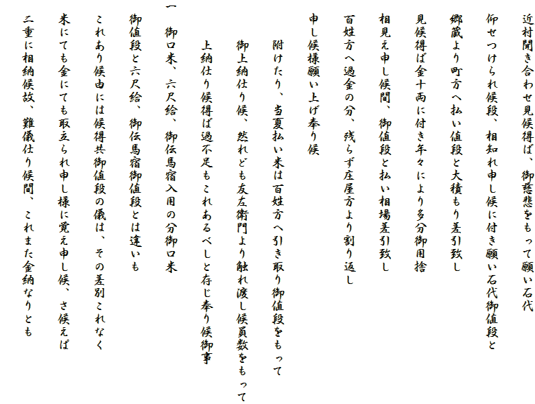 　近村聞き合わせ見候得ば、御慈悲をもって願い石代
　仰せつけられ候段、相知れ申し候に付き願い石代御値段と
　郷蔵より町方へ払い値段と大積もり差引致し
　見候得ば金十両に付き年々により多分御用捨
　相見え申し候間、御値段と払い相場差引致し
　百姓方へ過金の分、残らず庄屋方より割り返し
　申し候様願い上げ奉り候
　　　附けたり、当夏払い米は百姓方へ引き取り御値段をもって
　　　御上納仕り候、然れども友左衛門より触れ渡し候員数をもって
　　　上納仕り候得ば過不足もこれあるべしと存じ奉り候御事
一　御口米、六尺給、御伝馬宿入用の分御口米
　御値段と六尺給、御伝馬宿御値段とは違いも
　これあり候由には候得共御値段の儀は、その差別これなく
　米にても金にても取立られ申し様に覚え申し候、さ候えぱ
　二重に相納候故、難儀仕り候間、これまた金納なりとも