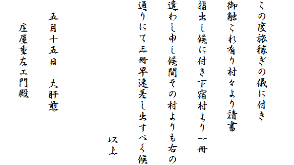 
この度旅稼ぎの儀に付き
御触これ有り村々より請書
指出し候に付き下宿村より一冊
遣わし申し候間その村よりも右の
通りにて三冊早速差し出すべく候
　　　　　　　　　　　　以上

　五月十五日　大肝煎
　　庄屋重左エ門殿