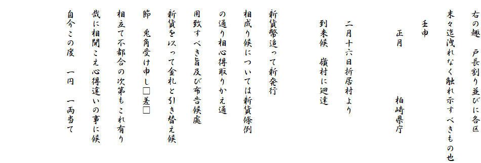 　右の趣　戸長割り並びに各区
　末々迄洩れなく触れ示すべきもの也
　　壬申
　　　正月　　　　　柏崎県庁

　　二月十六日折居村より
　　到来候　嶺村に廻達

　新貨幣追って新発行
　相成り候については新貨條例
　の通り相心得取りかえ通
　用致すべき旨及び布告候處
　新貨を以って金札と引き替え候
　節　兎角受け申し□差□
　相立て不都合の次第もこれ有り
　哉に相聞こえ心得違いの事に候
　自今この度　一円　一両当て

