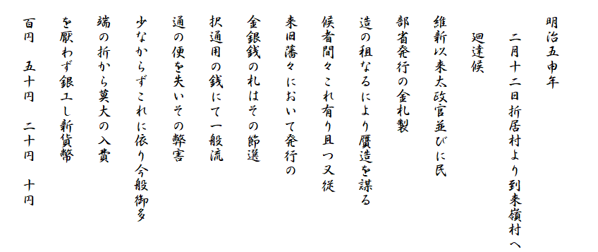 　
　明治五申年
　　二月十二日折居村より到来嶺村へ
　　廻達候
　維新以来太政官並びに民
　部省発行の金札製
　造の租なるにより贋造を謀る
　候者間々これ有り且つ又従
　来旧藩々において発行の
　金銀銭の札はその節選
　択通用の銭にて一般流
　通の便を失いその弊害
　少なからずこれに依り今般御多
　端の折から莫大の入費
　を厭わず銀工し新貨幣
　百円　五十円　二十円　十円