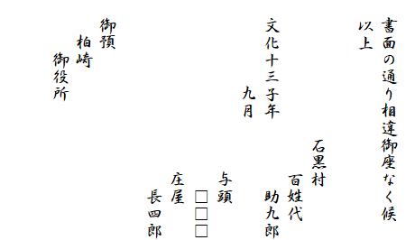 
　書面の通り相違御座なく候
　以上

　　　　　　　　石黒村
　　　　　　　　　　百姓代
　文化十三子年　　　　助九郎
　　　　　九月
　　　　　　　　　　与頭
　　　　　　　　　　　□□□
　　　　　　　　　　庄屋
　　　　　　　　　　　長四郎

　御預
　　柏崎
　　　御役所

