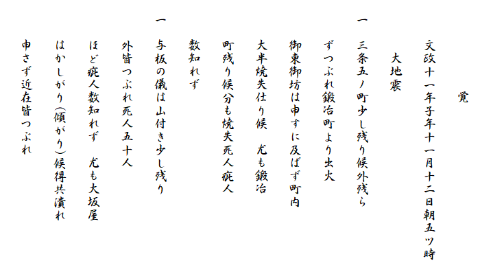 　　　　
　　　　　　　覚
　　　文政十一年子年十一月十二日朝五ツ時
　　　　大地震
　一　三条五ノ町少し残り候外残ら
　　　ずつぶれ鍛冶町より出火
　　　御東御坊は申すに及ばず町内
　　　大半焼失仕り候　尤も鍛冶
　　　町残り候分も焼失死人疵人
　　　数知れず
　一　与板の儀は山付き少し残り
　　　外皆つぶれ死人五十人
　　　ほど疵人数知れず　尤も大坂屋
　　　はかしがり(傾がり)候得共潰れ
　　　申さず近在皆つぶれ