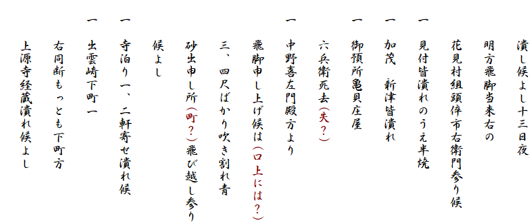 　　　潰し候よし十三日夜
　　　明方飛脚当来右の
　　　花見村組頭倅市右衛門参り候
　一　見付皆潰れのうえ半焼
　一　加茂　新津皆潰れ
　一　御預所亀貝庄屋
　　　六兵衛死去(失？)
　一　中野喜左門殿方より
　　　飛脚申し上げ候は(口上には？)
　　　三、四尺ばかり吹き割れ青
　　　砂出申し所(町？)飛び越し参り
　　　候よし
　一　寺泊り一、二軒寄せ潰れ候
　一　出雲崎下町一
　　　右同断もっとも下町方
　　　上源寺経蔵潰れ候よし