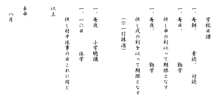 
　　　学校日課
　一、毎朝、　　　素読、　対読
　一、毎日、　　　　　勤学
　　　但し申の刻以って期限となす
　一、毎夜、　　　　　勤学
　　　但し戌の刻を以って期限となす
　　　(※一行抹消)

　一、毎夜　　小学聴講
　一、一六日　　　休学
　　　但し村中休事の日これに同じ
　以上

　壬申
　　八月