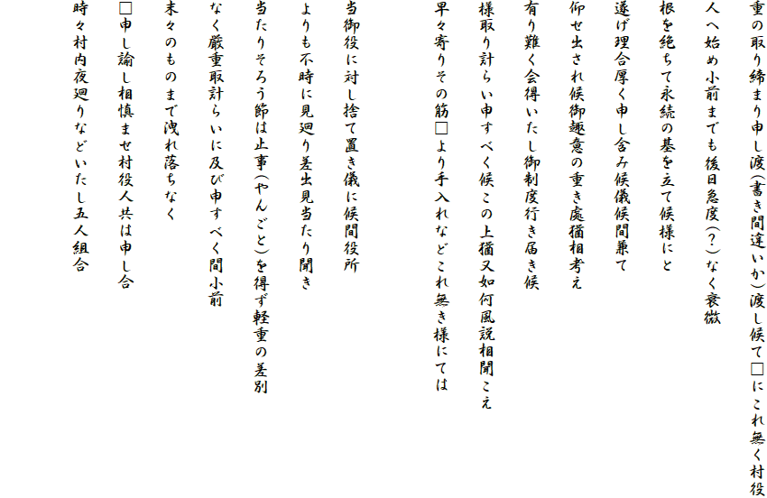 重の取り締まり申し渡(書き間違いか)渡し候て□にこれ無く村役人へ始め小前までも後日急度(？)なく衰微
根を絶ちて永続の基を立て候様にと
遂げ理合厚く申し含み候儀候間兼て
仰せ出され候御趣意の重き處猶相考え
有り難く会得いたし御制度行き届き候
様取り計らい申すべく候この上猶又如何風説相聞こえ
早々寄りその筋□より手入れなどこれ無き様にては

当御役に対し捨て置き儀に候間役所
よりも不時に見廻り差出見当たり聞き
当たりそろう節は止事(やんごと)を得ず軽重の差別
なく厳重取計らいに及び申すべく間小前
末々のものまで洩れ落ちなく
□申し諭し相慎ませ村役人共は申し合
時々村内夜廻りなどいたし五人組合
