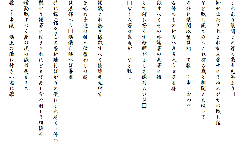 これあり候間これ等の儀も先年より□
仰せ出だされこれ有る處中にてゆるがせに致し宿
など致し候ものもこれ有る哉と相聞こえ以って
の外に候間以後は別して厳しく申し合わせ
右体のもの村内へ立ち入らせざる様
致すべくその外諸事の余事に候
とて何に寄らず遊興がましき儀あるいは□
□なく人寄せ夜更かしなど致し

候儀これ無き様致すべく候陣屋元村方
を始め手近の村々仕習わしの處
は遠郡へも□候儀左候へば善悪
共に銘(銘々？)の居村隣村ばかりの儀にこれ無く一体へ
懸かり候事に付きそれほどまで差し含み別して相慎み
精勤致すべく此の度の儀は是までも
厳しく申渡し候上の儀に付き一途に厳