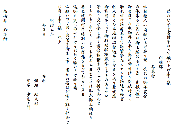 　
　　恐れながら書付を以って願い上げ奉り候
　　　　　　　　　　　　刈羽郡
　　　　　　　　　　　　　　石黒村
　右村役人一同願い上げ奉り候　去巳の御年貢金
　の儀来る六月二日御上納仕るべく旨　先般(被)
　仰せ渡され承知畏み奉り急速帰村仕り割賦村方へ
　触れ付け候處兼ねて御賢察在らせられ候通り極貧
　村人多くの土地柄故村過半は今日を送り兼候處
　御慈悲をもって御救助籾頂戴奉りナラの実トコロ
　等取り交ぜ食し漸く露命相?ぎおり一金持ち合わせ
　しものもこれなく　とても来る二日までには取立御上納仕り
　兼ね候間何卒格別の御慈悲をもって来る十五日
　迄御日延べ仰せ付けられたく願い上げ奉り候
　右願いのとおりお聞き済まし下し置かれ候はば有り難く仕合せ
　に存じ奉り候　以上
　　　　明治二年　　　
　　　　　午五月　　　　　　　　右村　
　　　　　　　　　　　　　　　　　組頭　助九郎
　　　　　　　　　　　　　　　　　庄屋　重左エ門　　　　　　　　　　　　　　　　　　　　　　　　　　　　　　　　　　　　　　　　　　　　　　　　　　　　　　
　　柏崎県　御役所