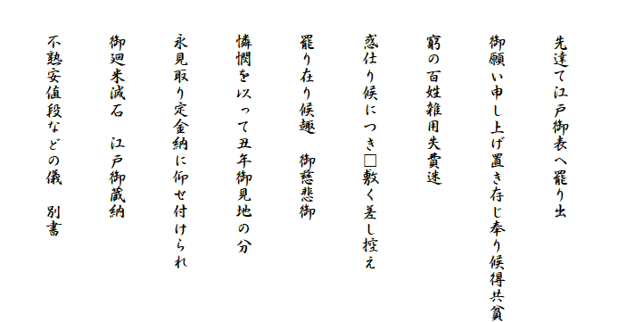
　　先達て江戸御表へ罷り出
　　御願い申し上げ置き存じ奉り候得共貧
　　窮の百姓雑用失費迷
　　惑仕り候につき□敷く差し控え
　　罷り在り候趣　御慈悲御
　　憐憫を以って丑年御見地の分
　　永見取り定金納に仰せ付けられ
　　御廻米減石　江戸御蔵納
　　不熟安値段などの儀　別書