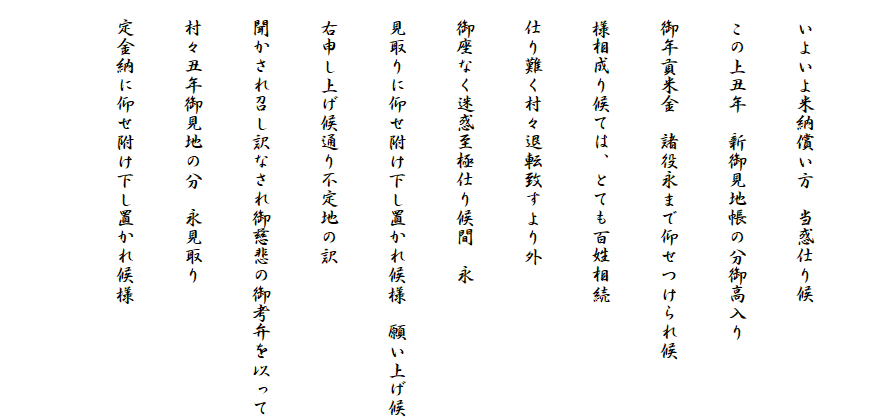 
　いよいよ米納償い方　当惑仕り候
　この上丑年　新御見地帳の分御高入り
　御年貢米金　諸役永まで仰せつけられ候
　様相成り候ては、とても百姓相続
　仕り難く村々退転致すより外
　御座なく迷惑至極仕り候間　永
　見取りに仰せ附け下し置かれ候様　願い上げ候
　右申し上げ候通り不定地の訳
　聞かされ召し訳なされ御慈悲の御考弁を以って
　村々丑年御見地の分　永見取り
　定金納に仰せ附け下し置かれ候様
