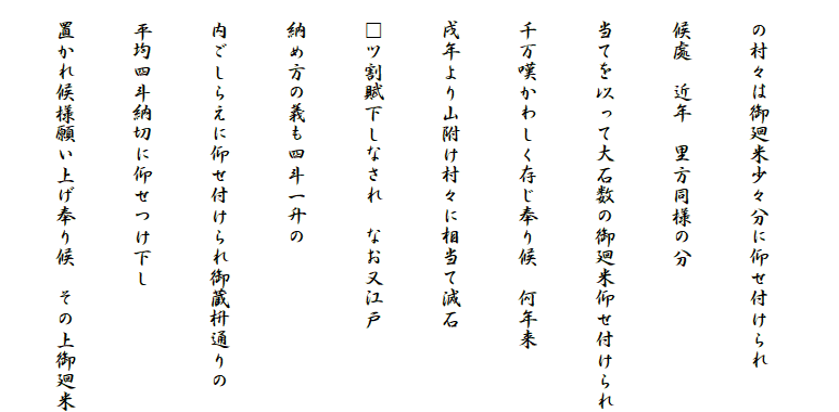 
　の村々は御廻米少々分に仰せ付けられ
　候處　近年　里方同様の分
　当てを以って大石数の御廻米仰せ付けられ
　千万嘆かわしく存じ奉り候　何年来
　戌年より山附け村々に相当て減石
　□ツ割賦下しなされ　なお又江戸
　納め方の義も四斗一升の
　内ごしらえに仰せ付けられ御蔵枡通りの
　平均四斗納切に仰せつけ下し
　置かれ候様願い上げ奉り候　その上御廻米