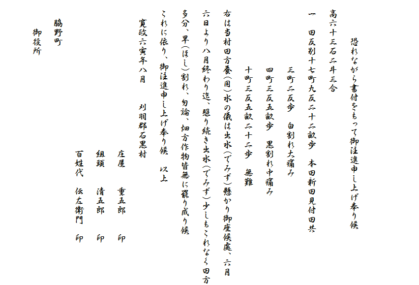 
　　　
　
　　　　恐れながら書付をもって御注進申し上げ奉り候
　高六十三石二斗三合
　一　田反別十七町九反二十二畝歩　本田新田見付田共
　　　　　　　三町二反歩　白割れ大痛み
　　　　　　　四町三反五畝歩　黒割れ中痛み
　　　　　　　十町三反五畝二十二歩　無難
　右は当村田方養(用)水の儀は出水(でみず)懸かり御座候處、六月
　六日より八月終わり迄、照り続き出水(でみず)少しもこれなく田方
　多分、旱(ほし)割れ、勿論、畑方作物皆無に罷り成り候
　これに依り、御注進申し上げ奉り候　以上
　　寛政六寅年八月　　刈羽郡石黒村　　
　　　　　　　　　　　　　　　　庄屋　　重五郎　　印
　　　　　　　　　　　　　　　　組頭　　清五郎　　印
　　　　　　　　　　　　　　　　百姓代　伝左衛門　印
　　脇野町
　　　御役所
