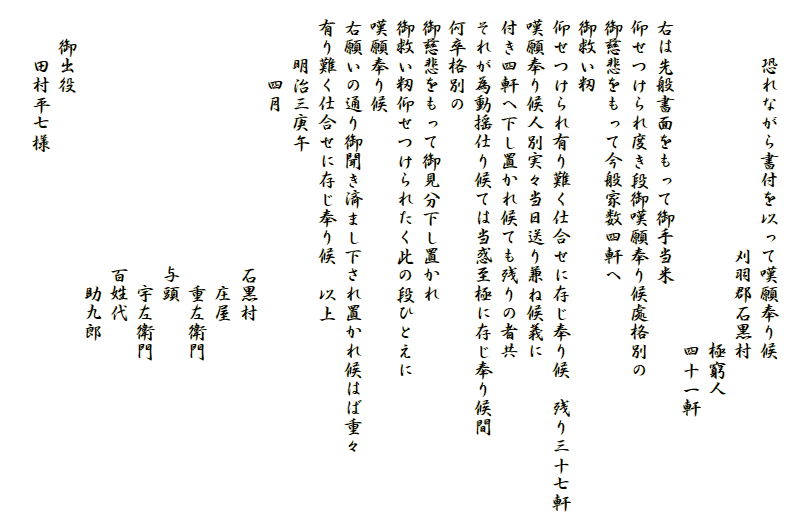 　
　　　恐れながら書付を以って嘆願奉り候
　　　　　　　　　　　　　刈羽郡石黒村
　　　　　　　　　　　　　　　　　　極窮人
　　　　　　　　　　　　　　　　　　四十一軒
　右は先般書面をもって御手当米
　仰せつけられ度き段御嘆願奉り候處格別の
　御慈悲をもって今般家数四軒へ
　御救い籾
　仰せつけられ有り難く仕合せに存じ奉り候　残り三十七軒
　嘆願奉り候人別実々当日送り兼ね候義に
　付き四軒へ下し置かれ候ても残りの者共
　それが為動揺仕り候ては当惑至極に存じ奉り候間
　何卒格別の
　御慈悲をもって御見分下し置かれ
　御救い籾仰せつけられたく此の段ひとえに
　嘆願奉り候
　右願いの通り御聞き済まし下され置かれ候はば重々
　有り難く仕合せに存じ奉り候　以上
　　　明治三庚午
　　　　四月
　　　　　　　　　　　　　　石黒村
　　　　　　　　　　　　　　　庄屋
　　　　　　　　　　　　　　　重左衛門
　　　　　　　　　　　　　　与頭
　　　　　　　　　　　　　　　宇左衛門
　　　　　　　　　　　　　　百姓代
　　　　　　　　　　　　　　　助九郎
　　御出役
　　　田村平七様
