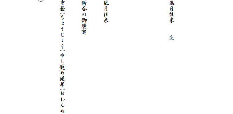 


風月往来　　完


風月往来
新春の御慶賀
重畳(ちょうじょう)申し籠め候畢(おわんぬ)
