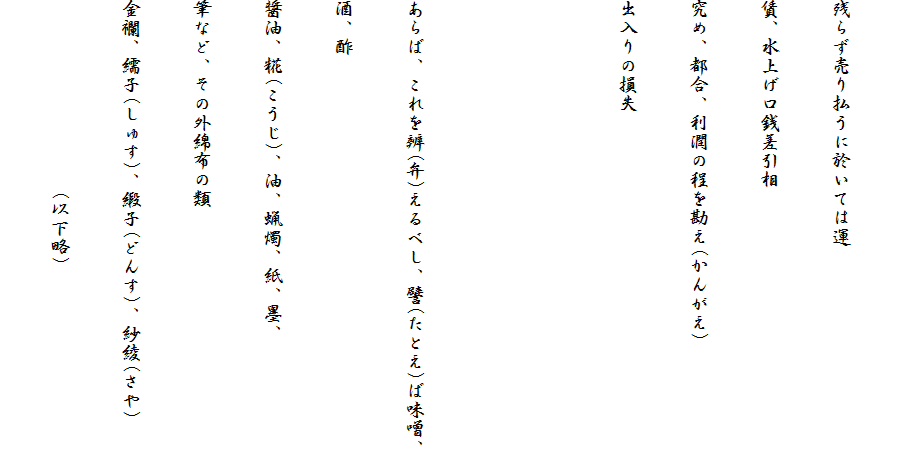 
残らず売り払うに於いては運
賃、水上げ口銭差引相
究め、都合、利潤の程を勘え(かんがえ)
出入りの損失


あらば、これを辨(弁)えるべし、譬(たとえ)ば味噌、酒、酢
醤油、糀(こうじ)、油、蝋燭、紙、墨、
筆など、その外綿布の類
金襴、繻子(しゅす)、緞子(どんす)、紗綾(さや)
　　　　　　　　　　(以下略)