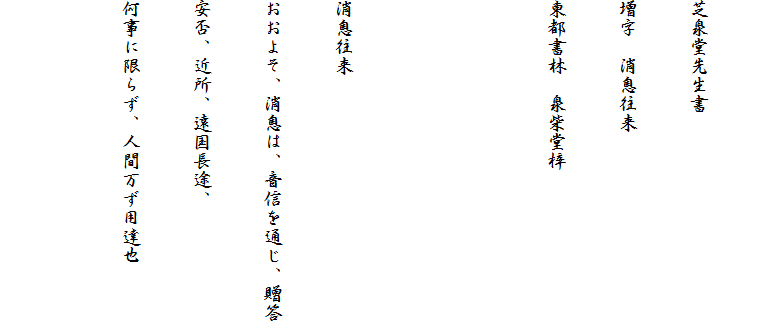 
芝泉堂先生書
増字　消息往来
東都書林　泉柴堂梓


消息往来
おおよそ、消息は、音信を通じ、贈答
安否、近所、遠国長途、
何事に限らず、人間万ず用達也
