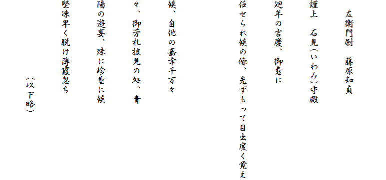 
　左衛門尉　藤原知貞
謹上　石見(いわみ)守殿
廻年の吉慶、御意に
任せられ候の條、先ずもって目出度く覚え

候、自他の嘉幸千万々
々、御芳札披見の処、青
陽の遊宴、殊に珍重に候
堅凍早く脱け薄霞忽ち
　　　　　　　　(以下略)