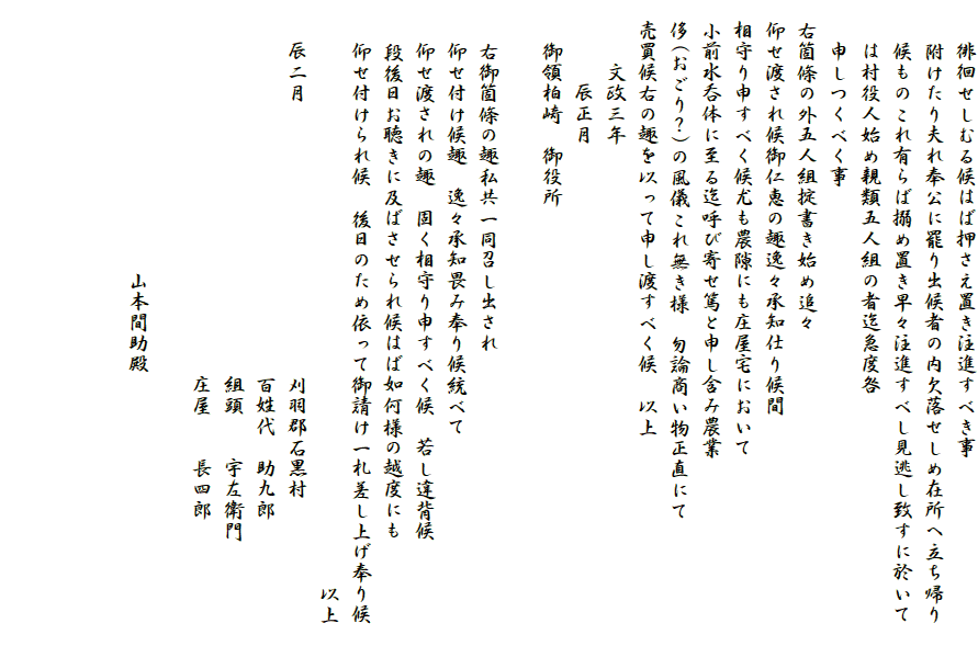 　　徘徊せしむる候はば押さえ置き注進すべき事
　　附けたり夫れ奉公に罷り出候者の内欠落せしめ在所へ立ち帰り
　　候ものこれ有らば搦め置き早々注進すべし見逃し致すに於いて
　　は村役人始め親類五人組の者迄急度咎
　　申しつくべく事
　右箇條の外五人組掟書き始め追々
　仰せ渡され候御仁恵の趣逸々承知仕り候間
　相守り申すべく候尤も農隙にも庄屋宅において
　小前水呑体に至る迄呼び寄せ篤と申し含み農業
　侈(おごり？)の風儀これ無き様　勿論商い物正直にて
　売買候右の趣を以って申し渡すべく候　以上
　　　文政三年
　　　　辰正月
　　御領柏崎　御役所

　　右御箇條の趣私共一同召し出され
　　仰せ付け候趣　逸々承知畏み奉り候統べて
　　仰せ渡されの趣　固く相守り申すべく候　若し違背候
　　段後日お聴きに及ばさせられ候はば如何様の越度にも
　　仰せ付けられ候　後日のため依って御請け一札差し上げ奉り候
　　　　　　　　　　　　　　　　　　　　　　　　　　　　以上
　　辰二月　　　　　　　　　　　　　刈羽郡石黒村
　　　　　　　　　　　　　　　　　　百姓代　助九郎　　　　　　
　　　　　　　　　　　　　　　　　　組頭　　宇左衛門
　　　　　　　　　　　　　　　　　　庄屋　　長四郎

　　　　　　　　　　　　　山本間助殿
　　

　　　
　　　　