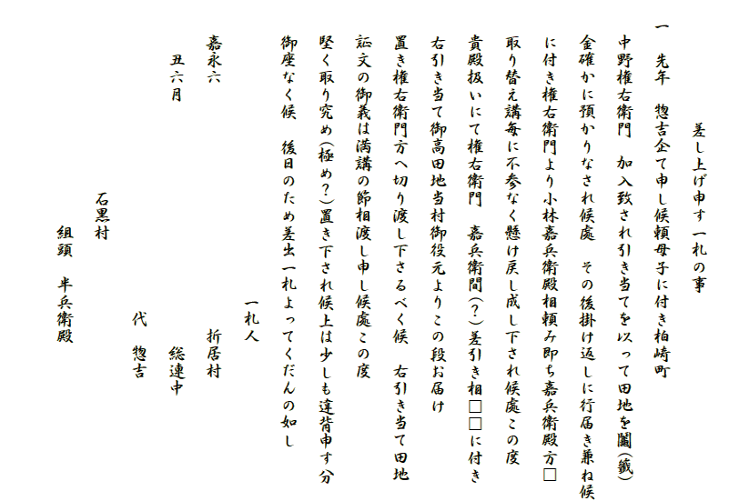 
　　　　　　　差し上げ申す一札の事
　一　先年　惣吉企て申し候頼母子に付き柏崎町
　　中野権右衛門　加入致され引き当てを以って田地を鬮(籤)
　　金確かに預かりなされ候處　その後掛け返しに行届き兼ね候
　　に付き権右衛門より小林嘉兵衛殿相頼み即ち嘉兵衛殿方□
　　取り替え講毎に不参なく懸け戻し成し下され候處この度
　　貴殿扱いにて権右衛門　嘉兵衛間(？)差引き相□□に付き
　　右引き当て御高田地当村御役元よりこの段お届け
　　置き権右衛門方へ切り渡し下さるべく候　右引き当て田地
　　証文の御義は満講の節相渡し申し候處この度
　　堅く取り究め(極め？)置き下され候上は少しも違背申す分
　　御座なく候　後日のため差出一札よってくだんの如し
　　　　　　　　　　　　　　　　　一札人
　　嘉永六　　　　　　　　　　　　　　折居村
　　　丑六月　　　　　　　　　　　　　　総連中
　　　　　　　　　　　　　　　　　　代　惣吉
　　　　　　　　　　　石黒村　
　　　　　　　　　　　　　組頭　半兵衛殿
　