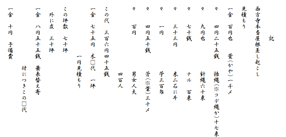 
　　　　　　記
　西方寺本当屋根差し起こし
　見積もり
　一金　百円也　　萱(かや)一千〆
　々　　四円二十五銭　　?縄(※コデ縄か)十七束
　々　　九円也　　　　　針縄六十束
　々　　七十銭　　　　　ナル　百束
　々　　三十三円　　　　米二石に斗
　々　　一円　　　　　　苧三百匁
　々　　四円五十銭　　　芳(※葦)三十〆
　々　　百円　　　　　　男女人夫
　　　　　　　　　　　　四百人
　この代　三百六円四十五銭
　一金　七十五円　木□代　一坪
　　　　　　　　　一円見積もり
　この坪数　七十坪
　　外に皮　三十坪
　一金　八円五十五銭　畳表替え寄
　　　　　　　　　　　付につきこの□代
　一金　十円　予備費