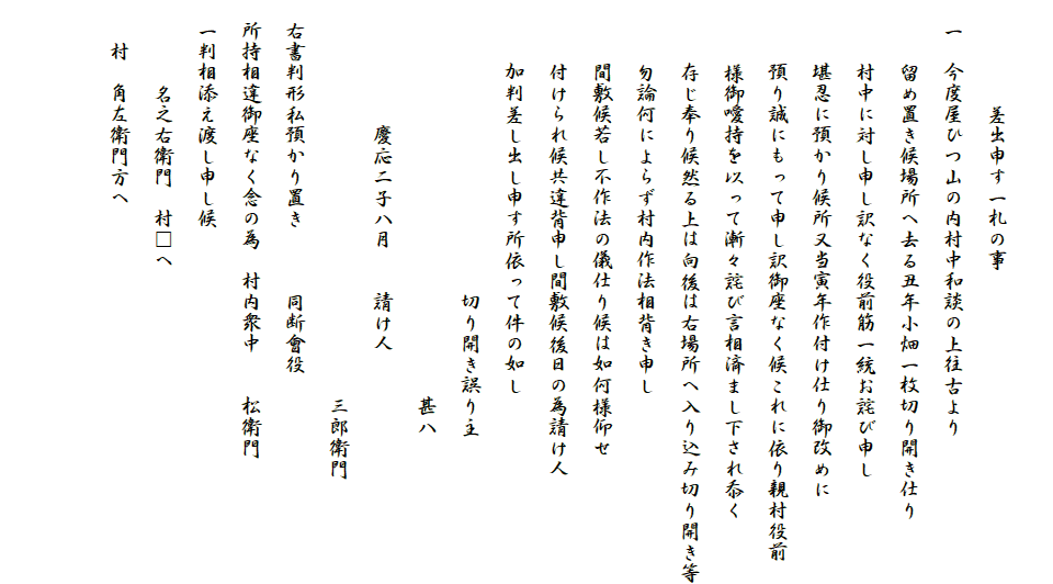 　
　　　　　差出申す一札の事
　一　今度屋ひつ山の内村中和談の上往古より
　　　留め置き候場所へ去る丑年小畑一枚切り開き仕り
　　　村中に対し申し訳なく役前筋一統お詫び申し
　　　堪忍に預かり候所又当寅年作付け仕り御改めに
　　　預り誠にもって申し訳御座なく候これに依り親村役前
　　　様御?持を以って漸々詫び言相済まし下され忝く
　　　存じ奉り候然る上は向後は右場所へ入り込み切り開き等
　　　勿論何によらず村内作法相背き申し
　　　間敷候若し不作法の儀仕り候は如何様仰せ
　　　付けられ候共違背申し間敷候後日の為請け人
　　　加判差し出し申す所依って件の如し
　　　　　　　　　　　　　　切り開き誤り主
　　　　　　　　　　　　　　　　　　　甚八
　　　　　　慶応二子八月　　請け人
　　　　　　　　　　　　　　　　　　　三郎衛門
　右書判形私預かり置き　　　同断會役　
　所持相違御座なく念の為　村内衆中　　松衛門
　一判相添え渡し申し候
　　　　名之右衛門　村□へ
　　村　角左衛門方へ

