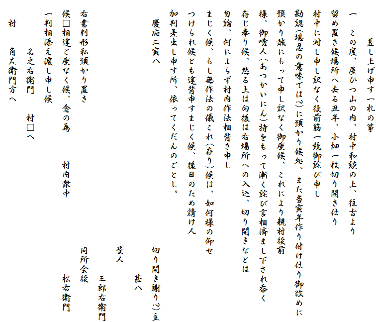 　　　　差し上げ申す一札の筝
　一　この度、屋ひつ山の内、村中和談の上、往古より
　留め置き候場所へ去る丑年、小畑一枚切り開き仕り
　村中に対し申し訳なく役前筋一統御詫び申し
　勘認(堪忍の意味では?)に預かり候処、また当寅年作り付け仕り御改めに
　預かり誠にもって申し訳なく御座候、これにより親村役前
　様、御?人(あつかいにん)持をもって漸く詫び言相済まし下され忝く
　存じ奉り候、然る上は向後は右場所への入込、切り開きなどは
　勿論、何によらず村内作法相背き申し
　まじく候、もし無作法の儀これ(在り)候は、如何様の仰せ
　つけられ候とも違背申すまじく候、後日のため請け人
　加判差出し申す所、依ってくだんのごとし。
　　慶応二寅八　　　　　　　　　　　　　　　　　　　切り開き謝り?)主
　　　　　　　　　　　　　　　　　　　　　　　　　　　　　甚八
　　　　　　　　　　　　　　　　　　　　　　　　　　受人
　　　　　　　　　　　　　　　　　　　　　　　　　　　　　三郎右衛門
　右書判形私預かり置き　　　　　　　　　　　　　　　同所会役
　候□相違ご座なく候、念の為　　　村内衆中　　　　　　　　松右衛門
　一判相添え渡し申し候
　　　　　名之右衛門　　村□へ
　　村　　角左衛門方へ